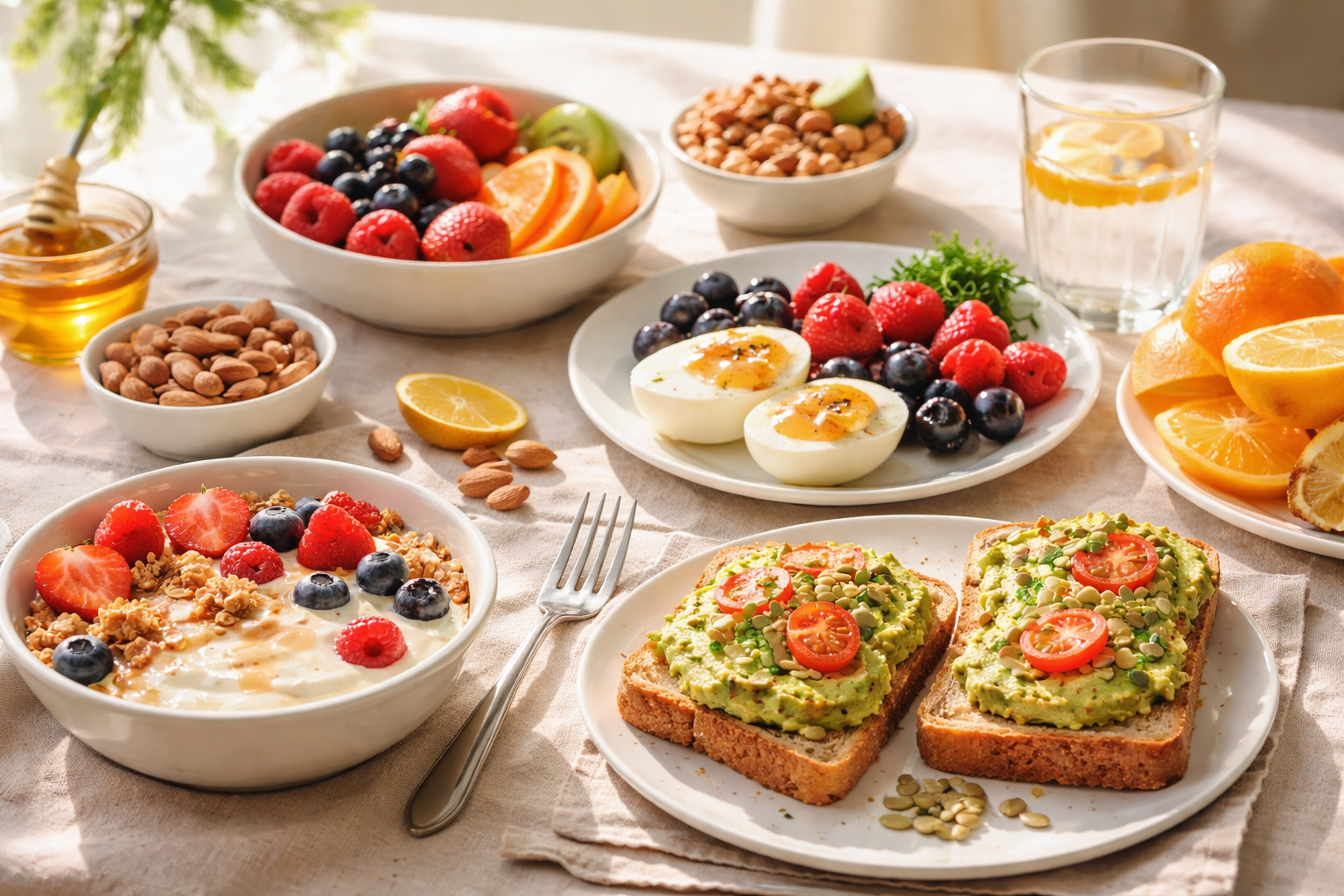 healthy breakfast table with fresh fruits, whole grain toast, eggs, nuts and a glass of water in soft morning light