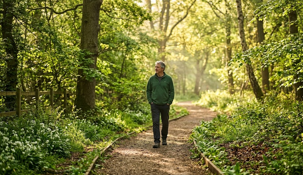 Manwalking peacefully in a green park path during morning hours with soft sunlight filtering through trees